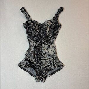 1960s VTG Rose Marie Reid Black Grey White Ruched Slimming One Piece Swimsuit 12